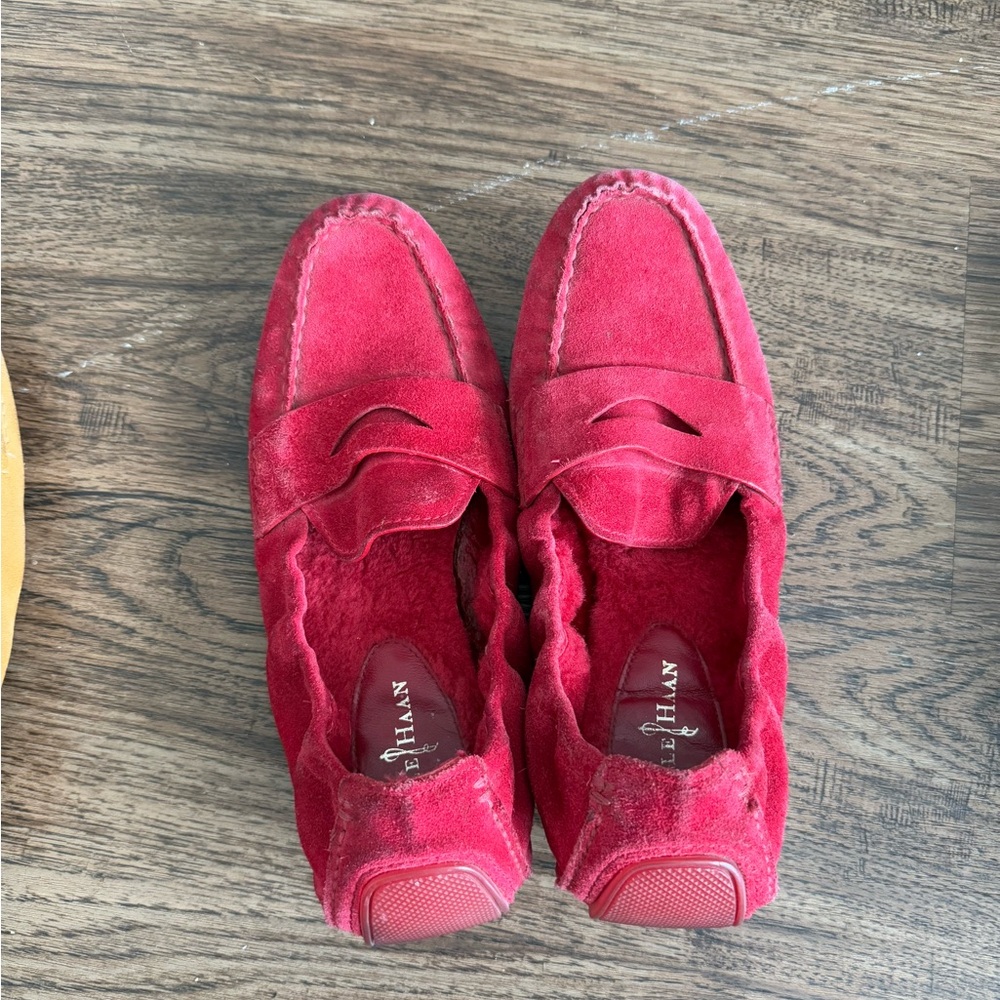 Cole Haan Loafer red slip ons shearling lined like Uggs slippers narrow driving